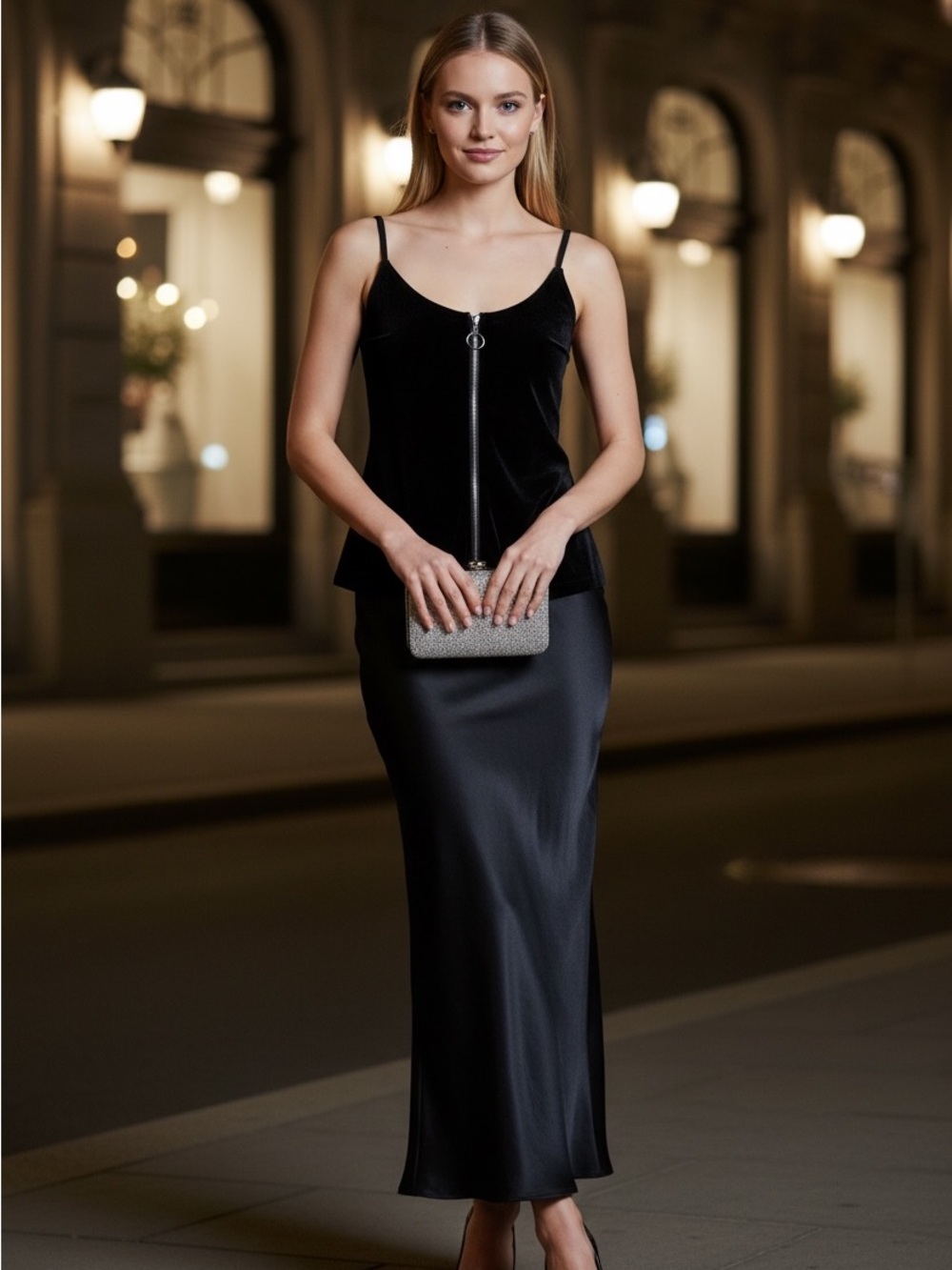 7 For All Mankind Black Velvet Zip-Front Spaghetti Strap Camisole Medium NWT